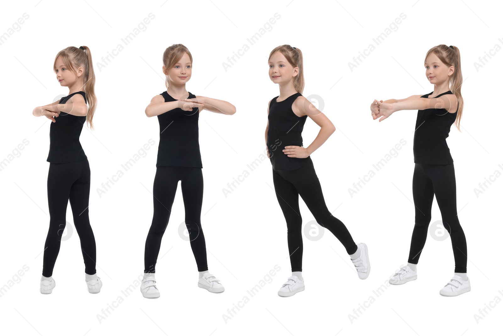 Image of Little girl doing morning exercises on white background, collage design