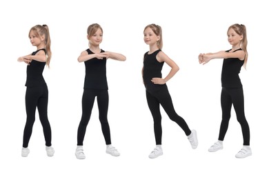 Image of Little girl doing morning exercises on white background, collage design