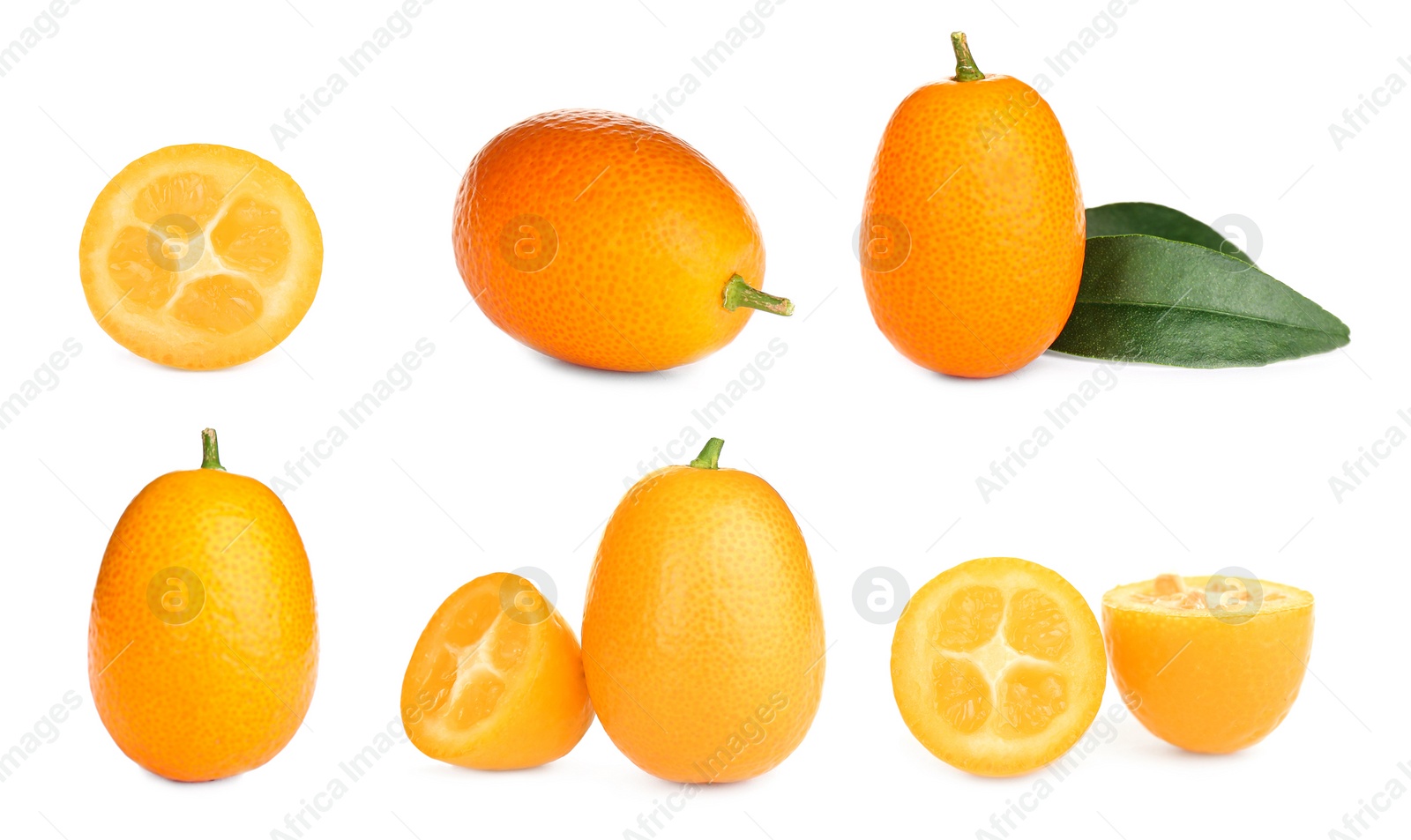 Image of Set with fresh ripe kumquat fruits on white background 