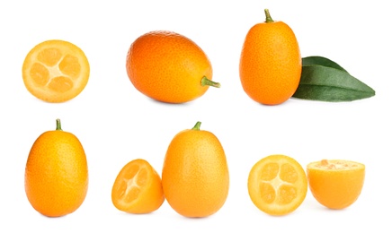 Image of Set with fresh ripe kumquat fruits on white background 