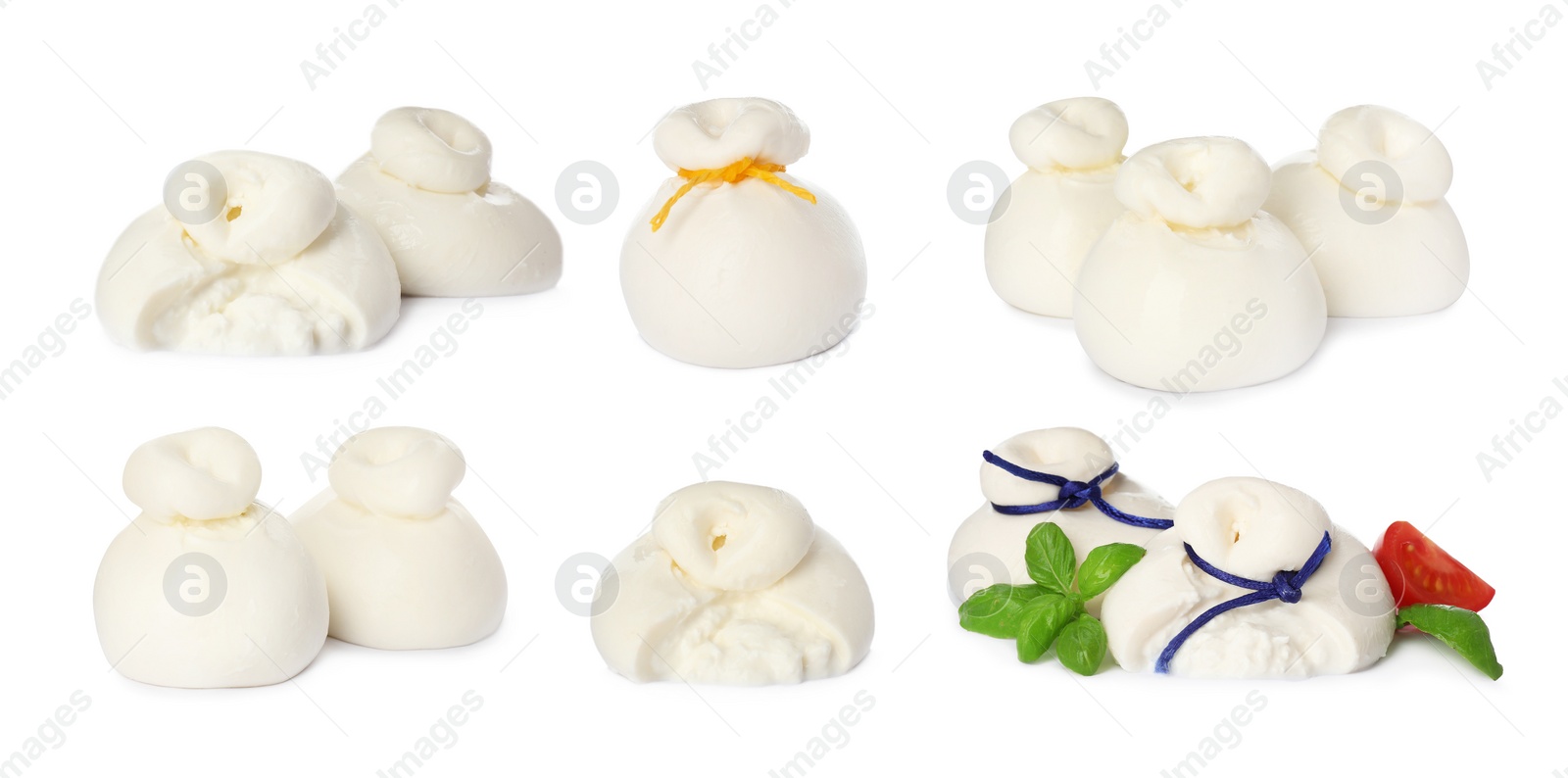 Image of Set with fresh delicious burrata cheese on white background