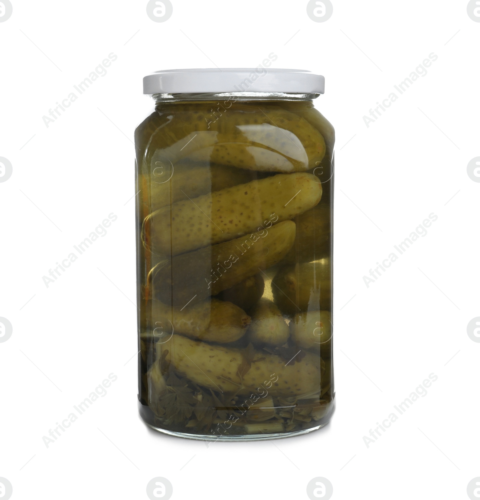 Photo of Glass jar with pickled cucumbers isolated on white