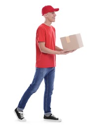 Photo of Happy courier with parcel on white background