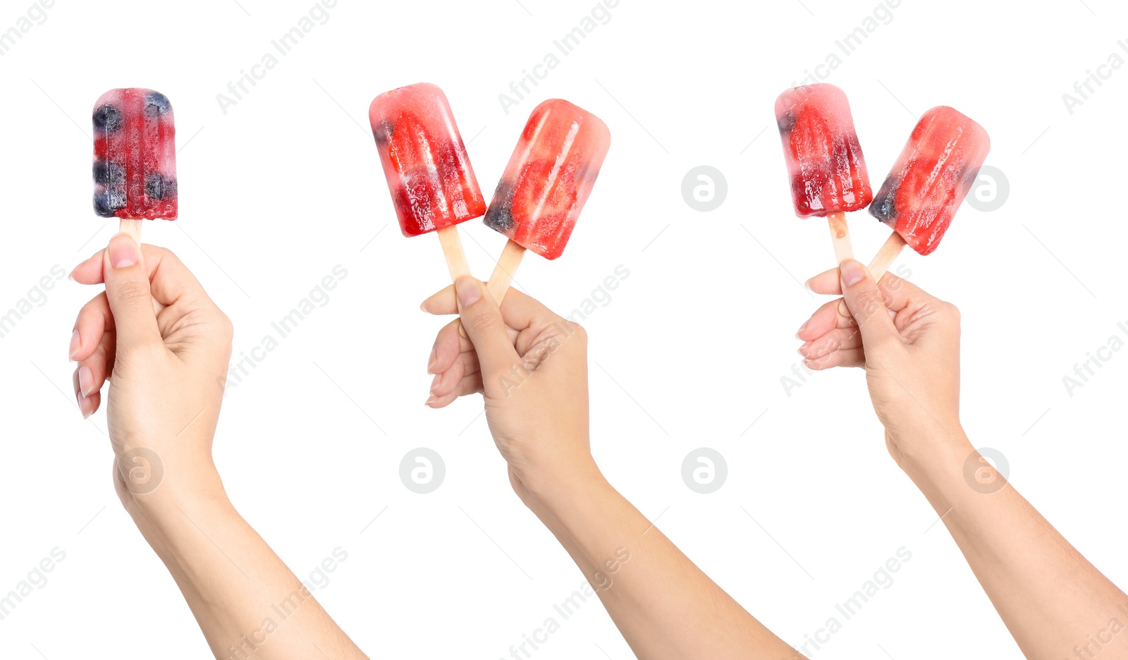 Image of Collage with photos of woman holding berry ice popsicles on white background, closeup