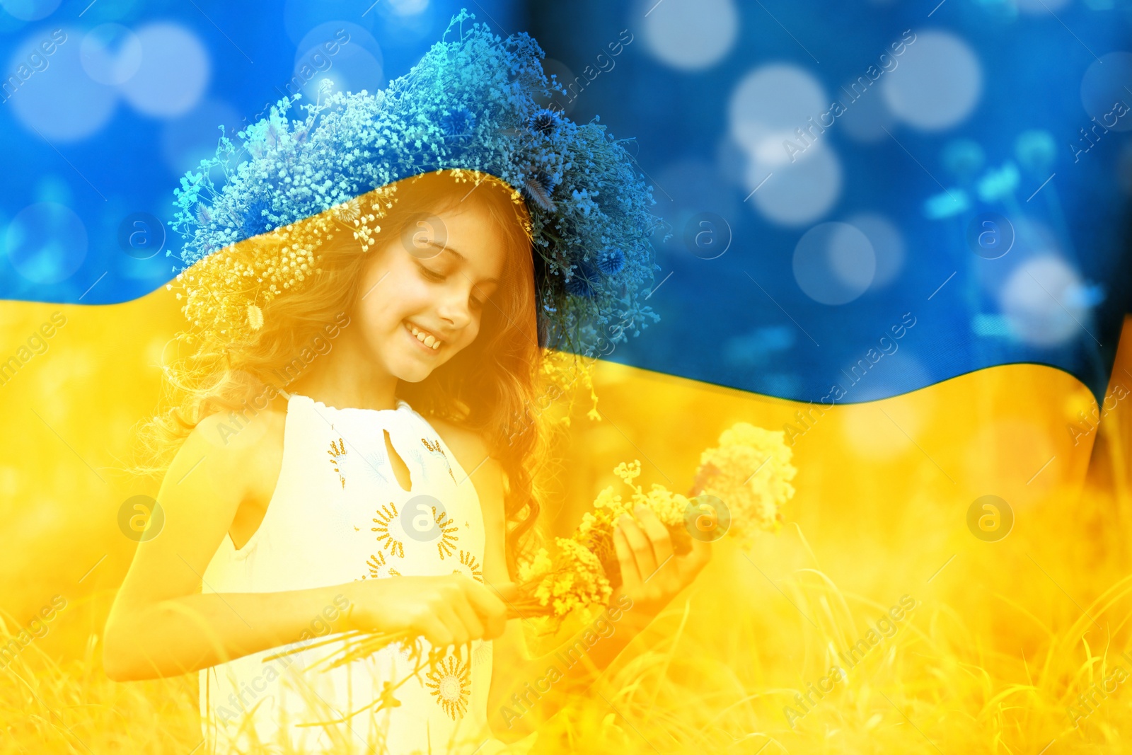 Image of Double exposure of adorable little girl wearing flower wreath outdoors and Ukrainian flag 