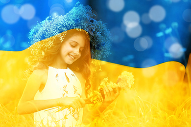 Image of Double exposure of adorable little girl wearing flower wreath outdoors and Ukrainian flag 