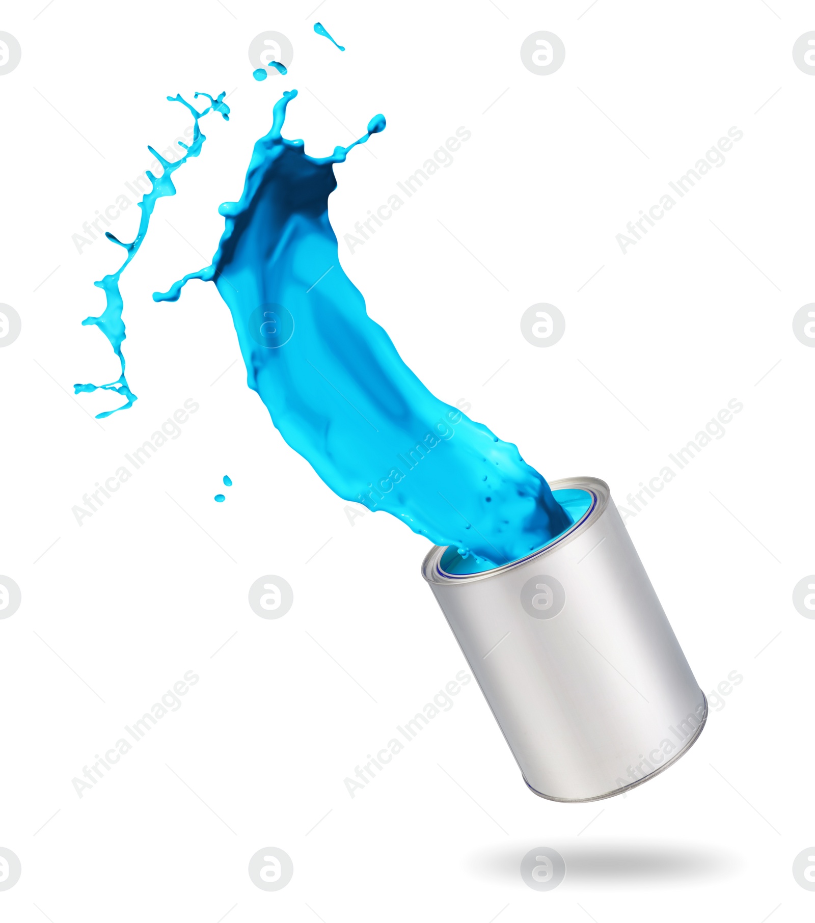 Image of Can with splashing light blue paint isolated on white