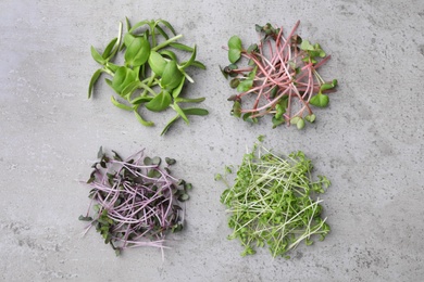 Photo of Heaps of fresh organic microgreens on grey table, flat lay