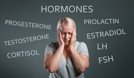 Image of Hormones imbalance. Upset mature woman and different words on grey background