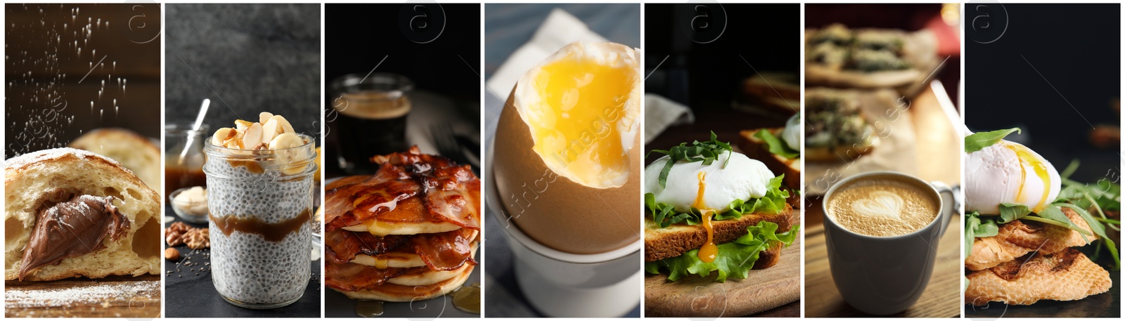 Image of Assortment of tasty breakfasts. Collage with different meals