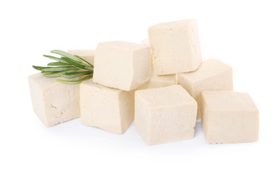 Photo of Delicious tofu and rosemary on white background