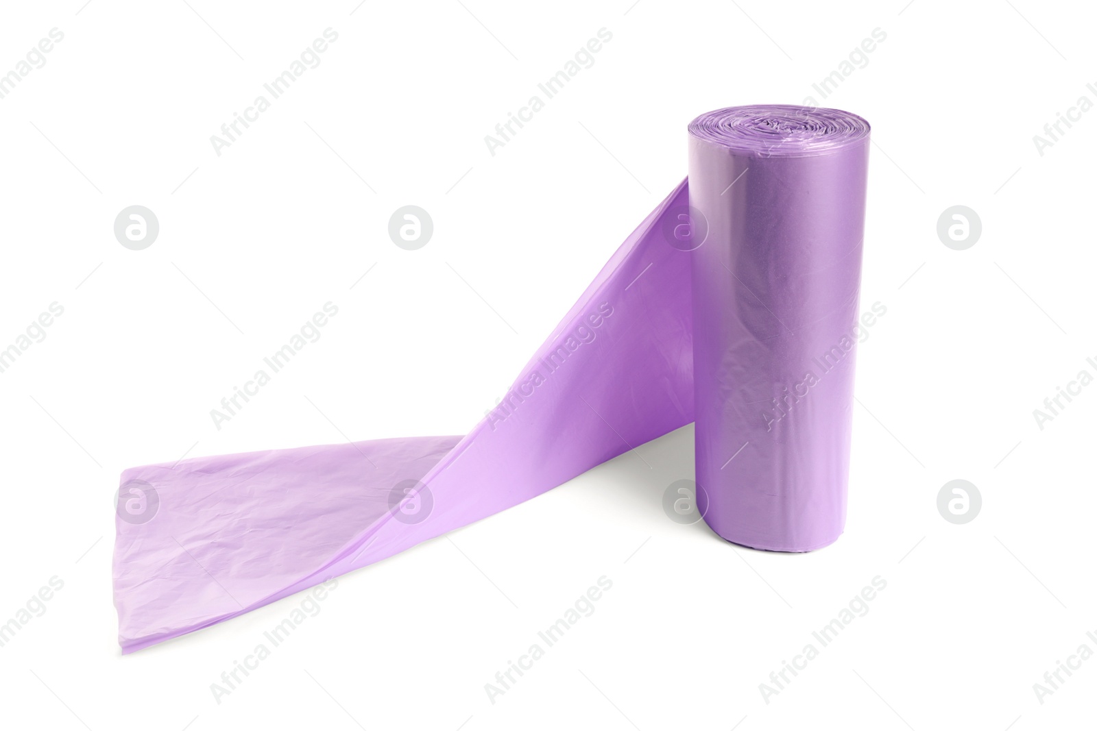 Photo of Roll of violet garbage bags on white background. Cleaning supplies