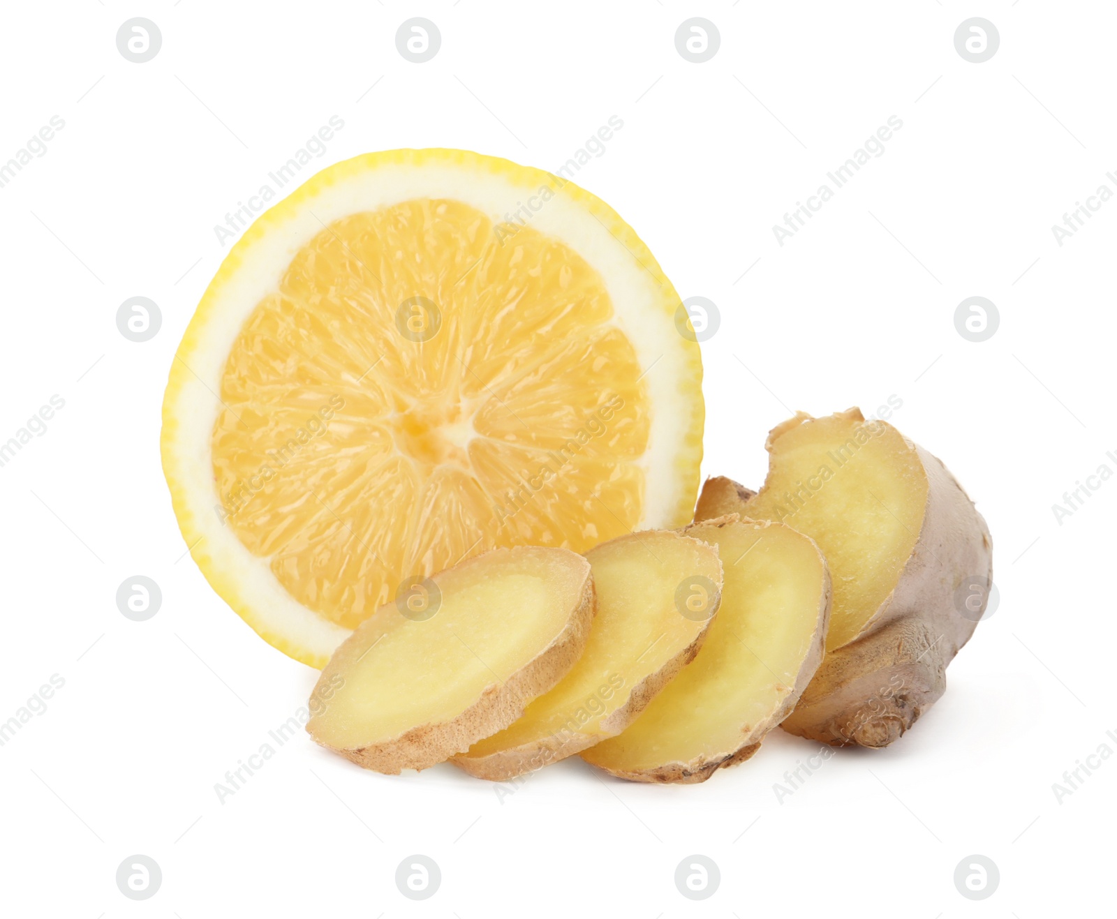 Photo of Fresh lemon and ginger on white background