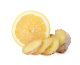 Photo of Fresh lemon and ginger on white background