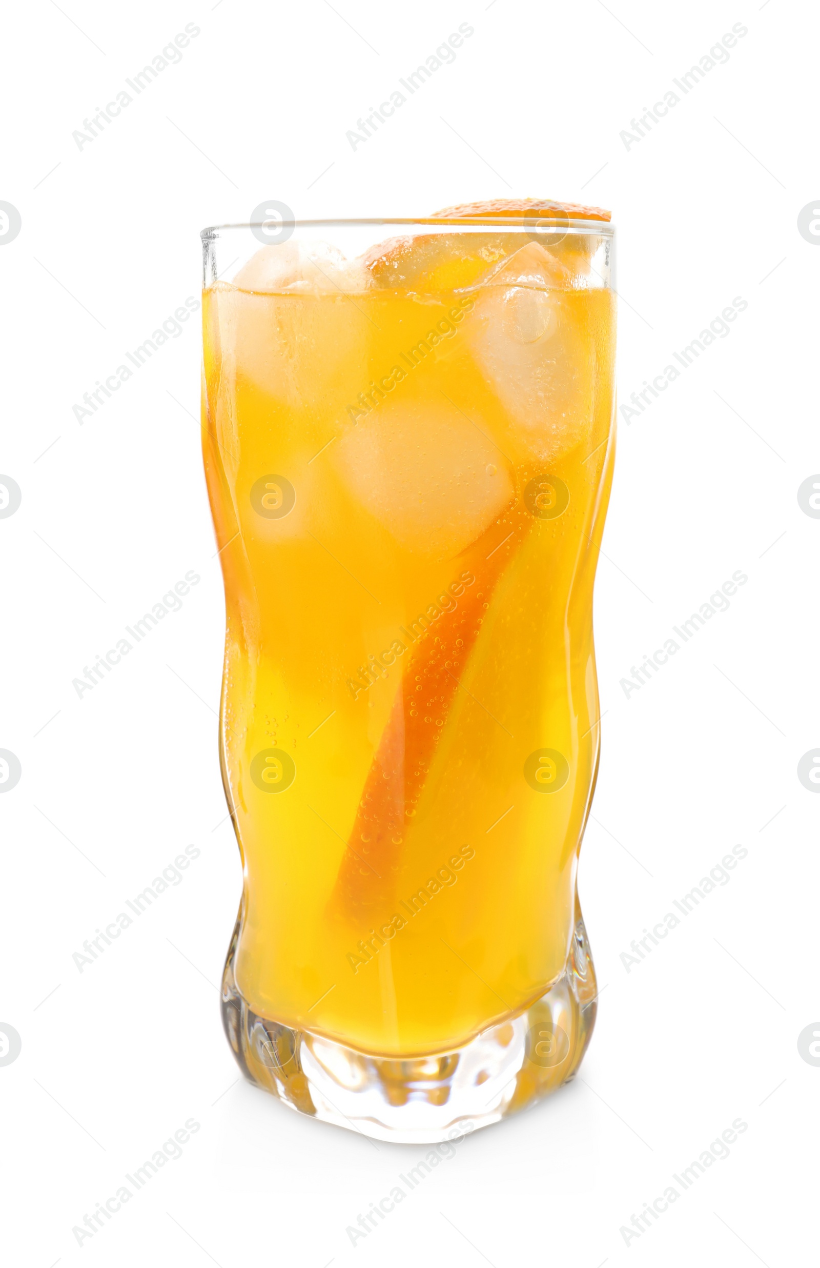 Photo of Delicious orange soda water with fruit slice on white background