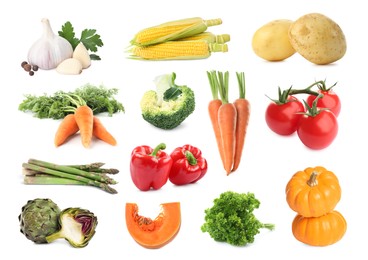 Image of Collage with many fresh vegetables on white background