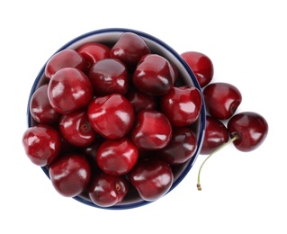 Photo of Tasty ripe red cherries and bowl isolated on white, top view