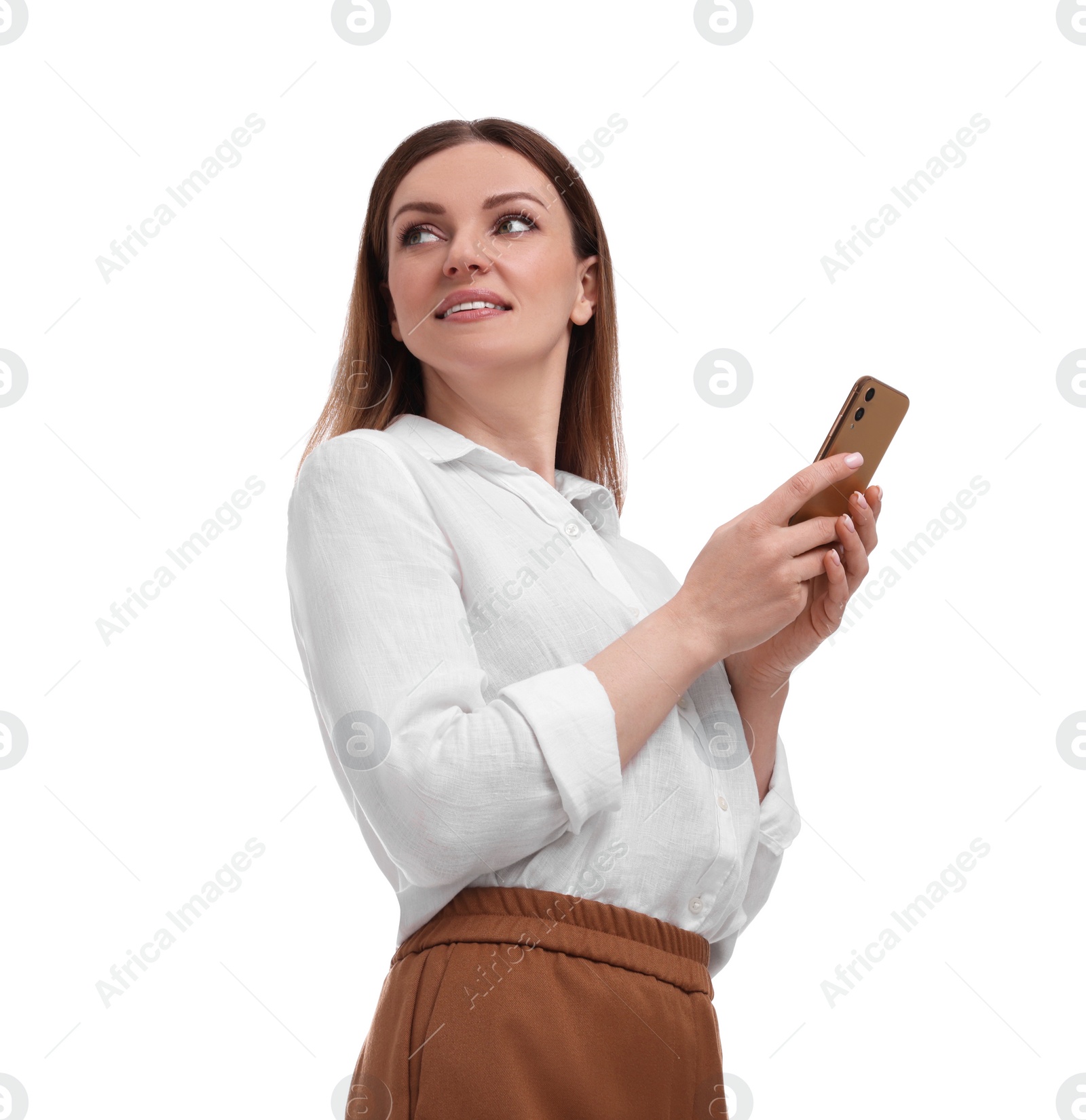Photo of Beautiful businesswoman with smartphone on white background, low angle view