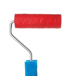 Photo of Roller brush with red paint on white background