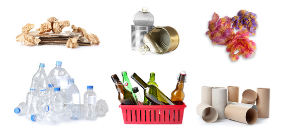 Set of piles with different garbage on white background. Waste management and recycling