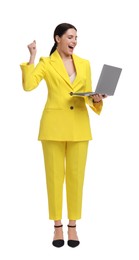 Photo of Beautiful businesswoman in yellow suit with laptop on white background