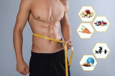 Image of Weight loss concept. Shirtless man with slim body and measuring tape on grey background, closeup