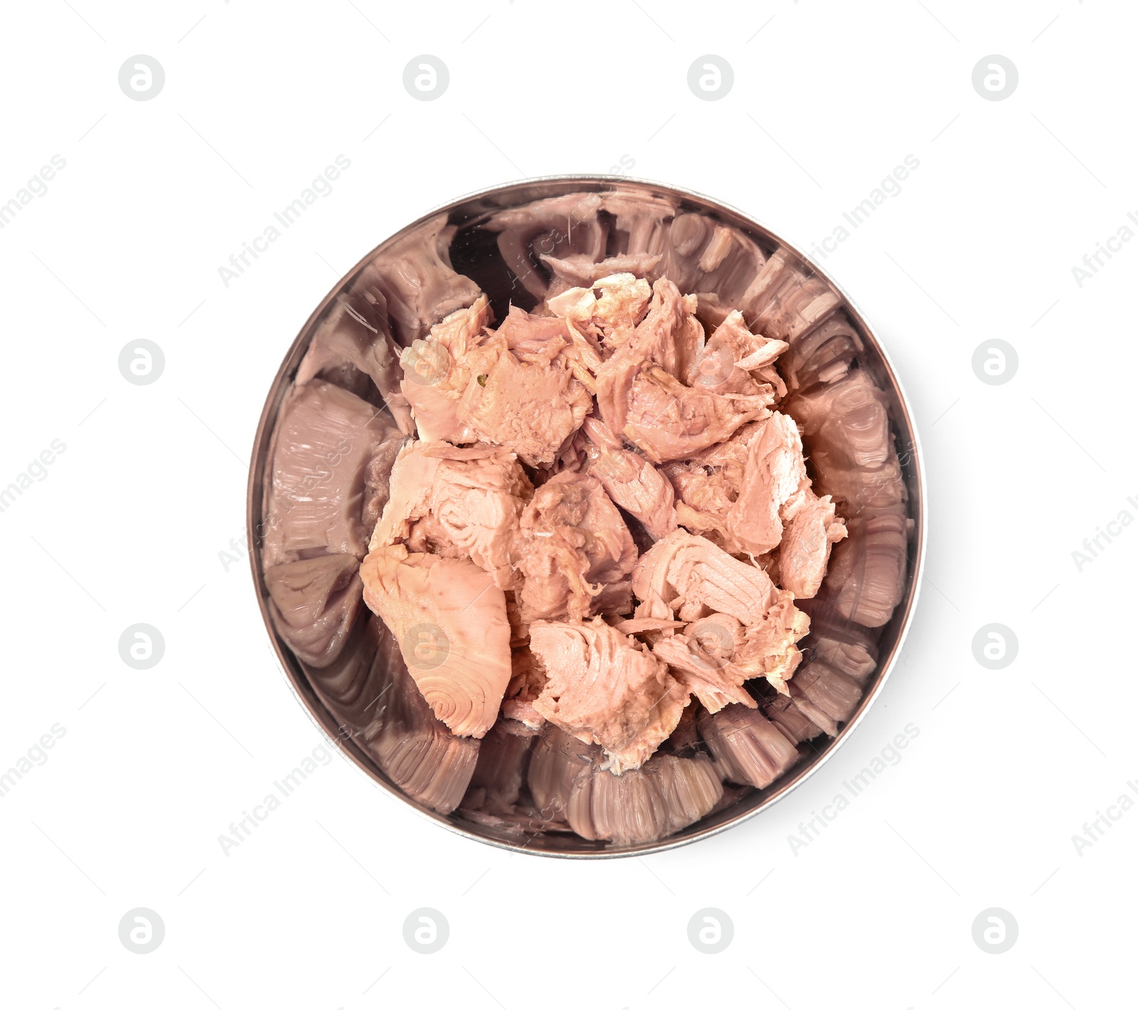 Photo of Metal bowl with canned tuna on white background, top view
