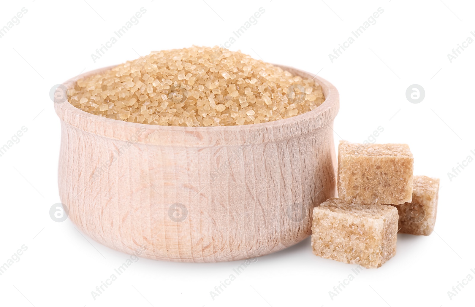 Photo of Different types of brown sugar and bowl isolated on white