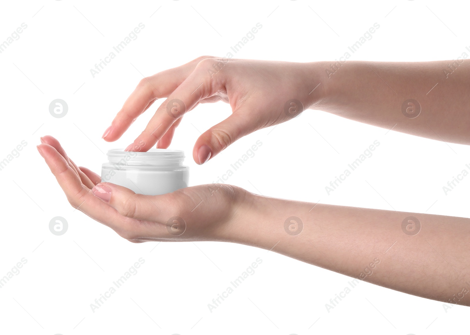 Photo of Woman with jar of cream isolated on white, closeup