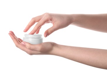 Woman with jar of cream isolated on white, closeup