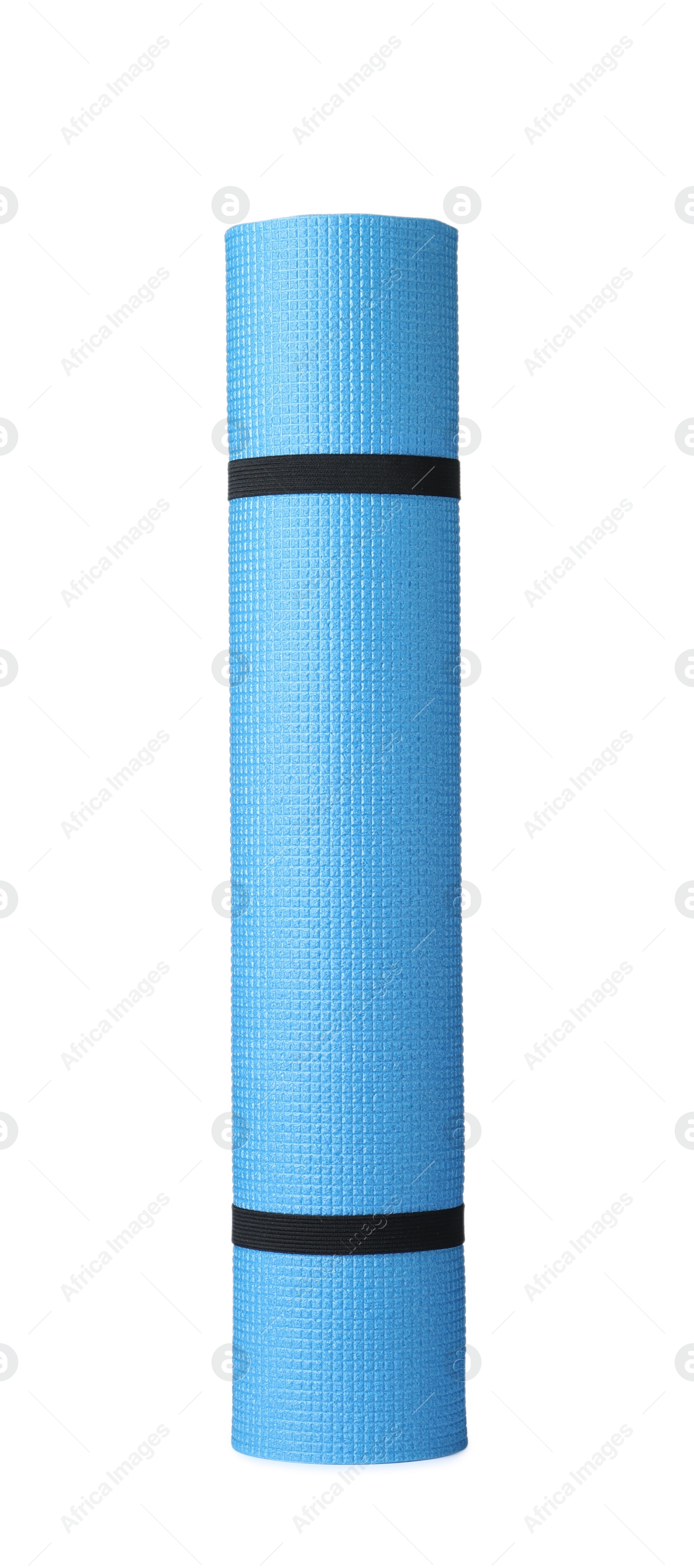 Photo of Rolled light blue camping mat isolated on white
