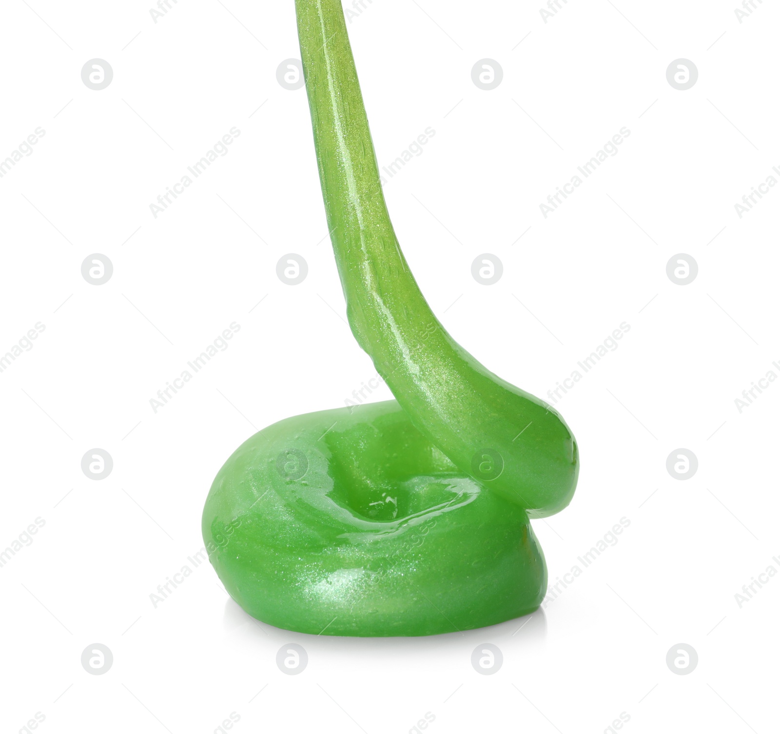 Photo of Flowing green slime on white background. Antistress toy