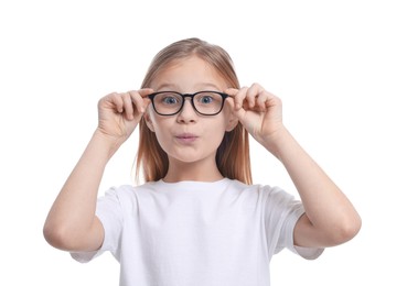 Portrait of emotional girl in glasses on white background