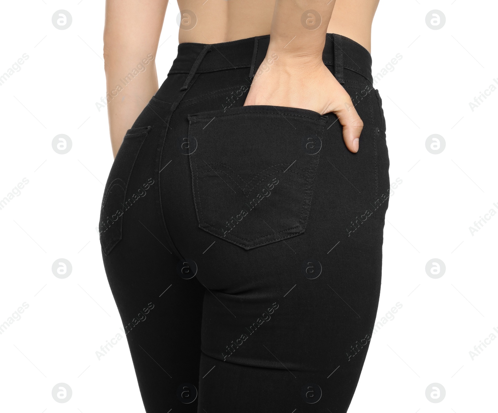 Photo of Woman wearing stylish black jeans on white background, closeup