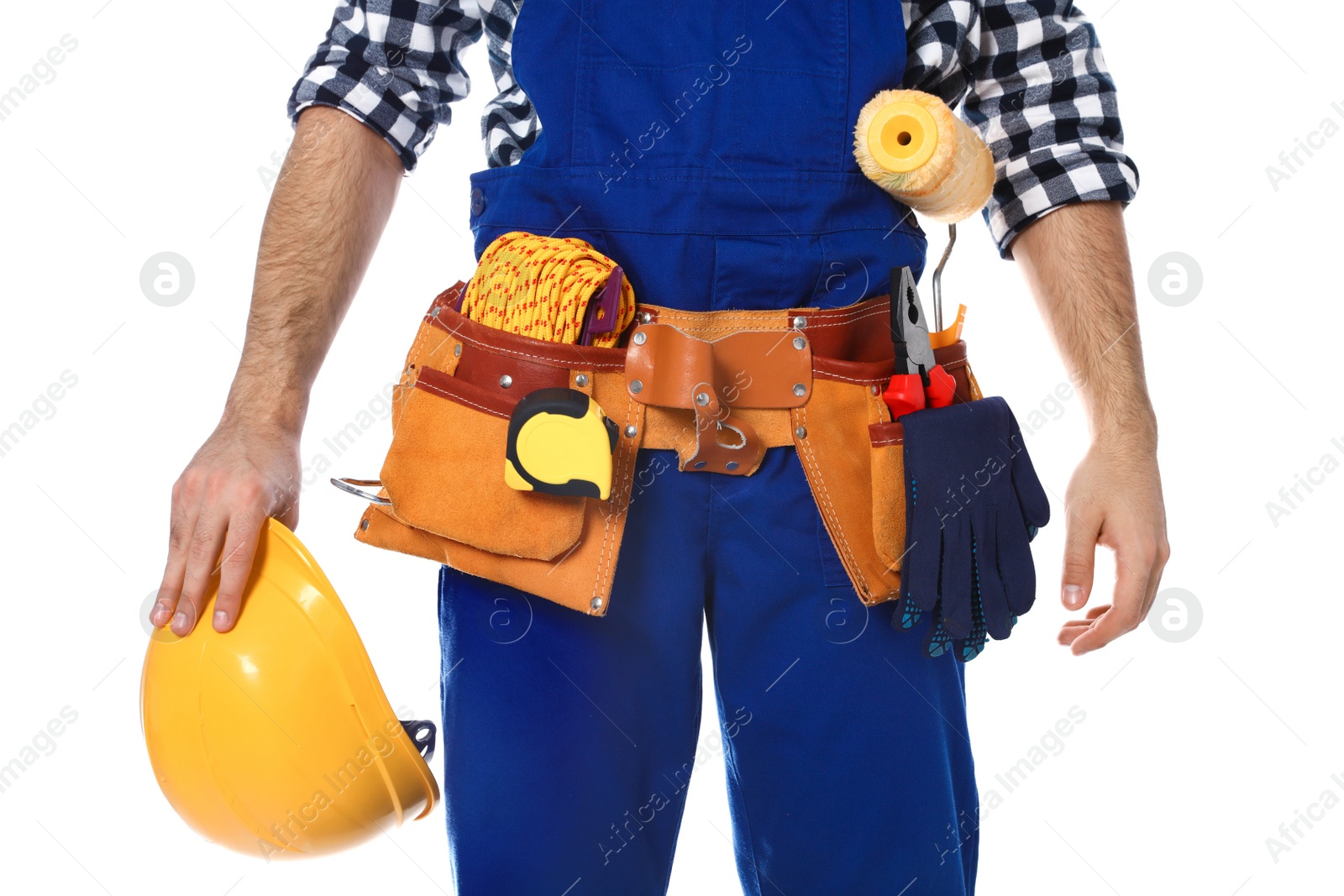 Photo of Construction worker with tool belt on white background, closeup