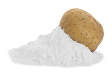 Photo of Pile of starch and fresh raw potato on white background