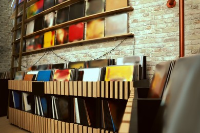 Image of Rack and shelves with different vinyl records in store