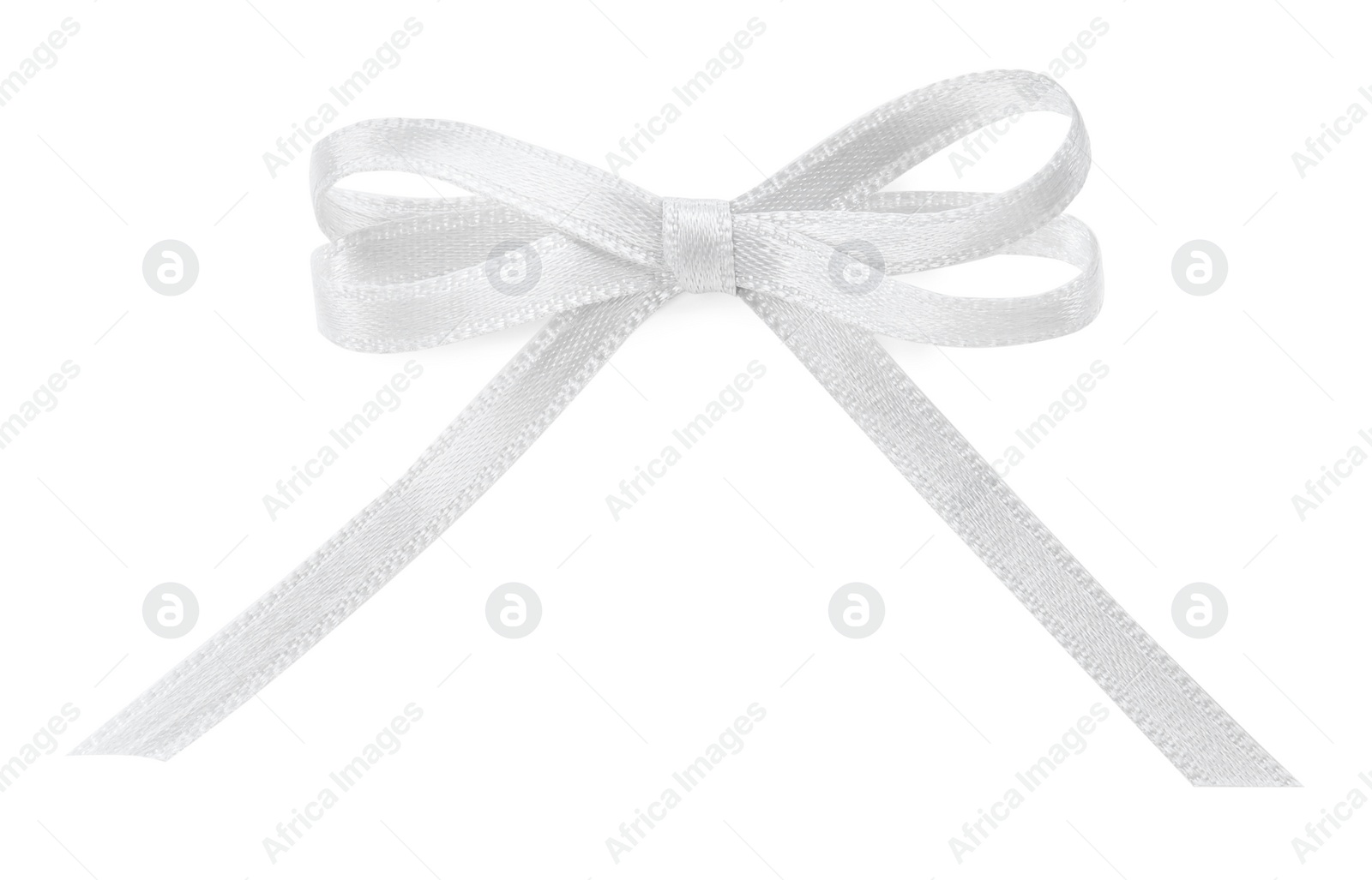 Photo of Beautiful silver ribbon tied in bow isolated on white, top view