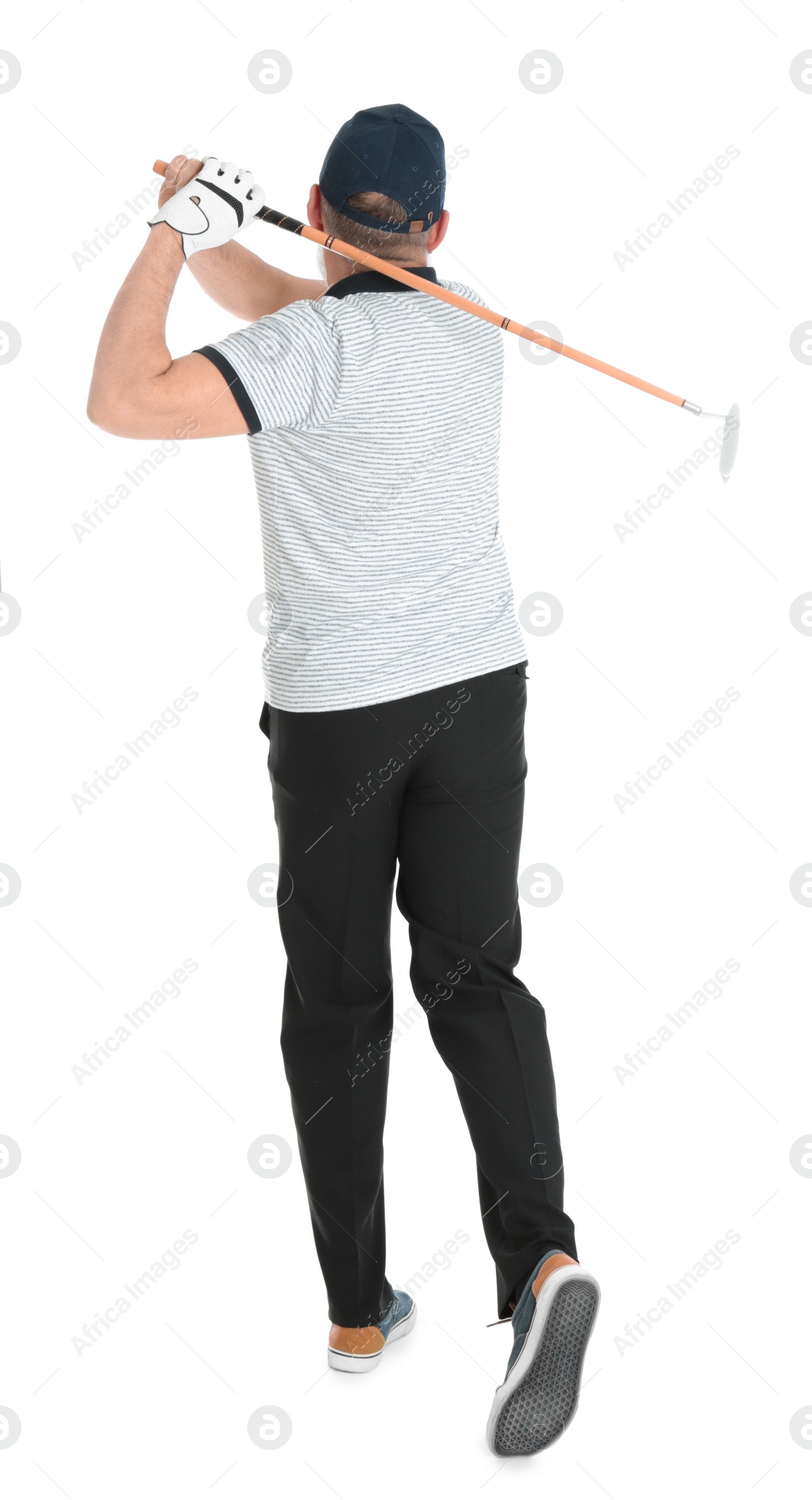 Photo of Senior man playing golf on white background