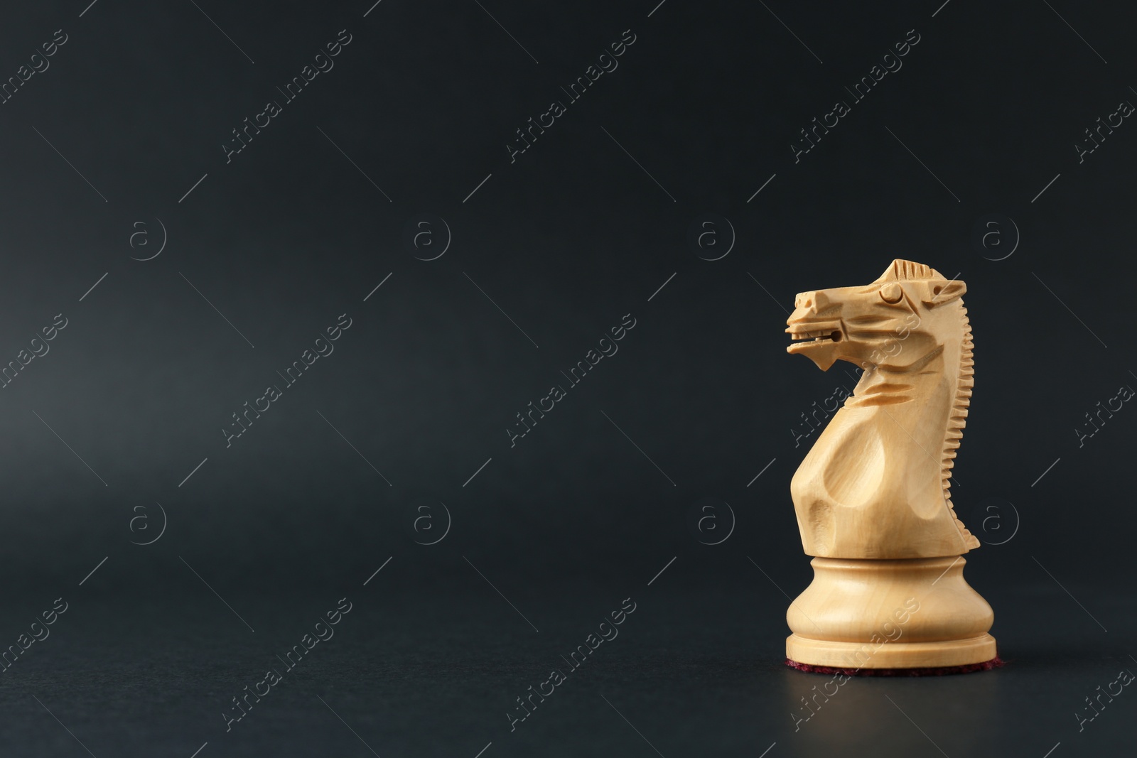 Photo of Wooden knight on dark background, space for text. Chess piece