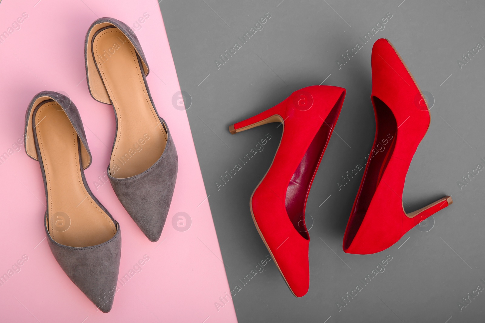 Photo of Different female shoes on color background