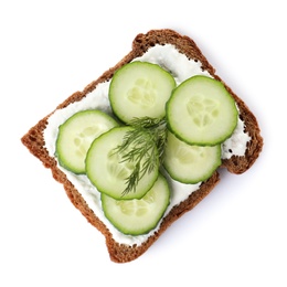 Photo of Tasty cucumber sandwich isolated on white, top view