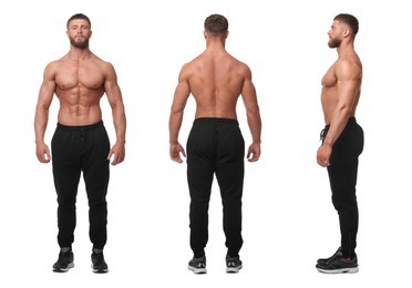 Image of Handsome bodybuilder on white background. Front, side and back photos