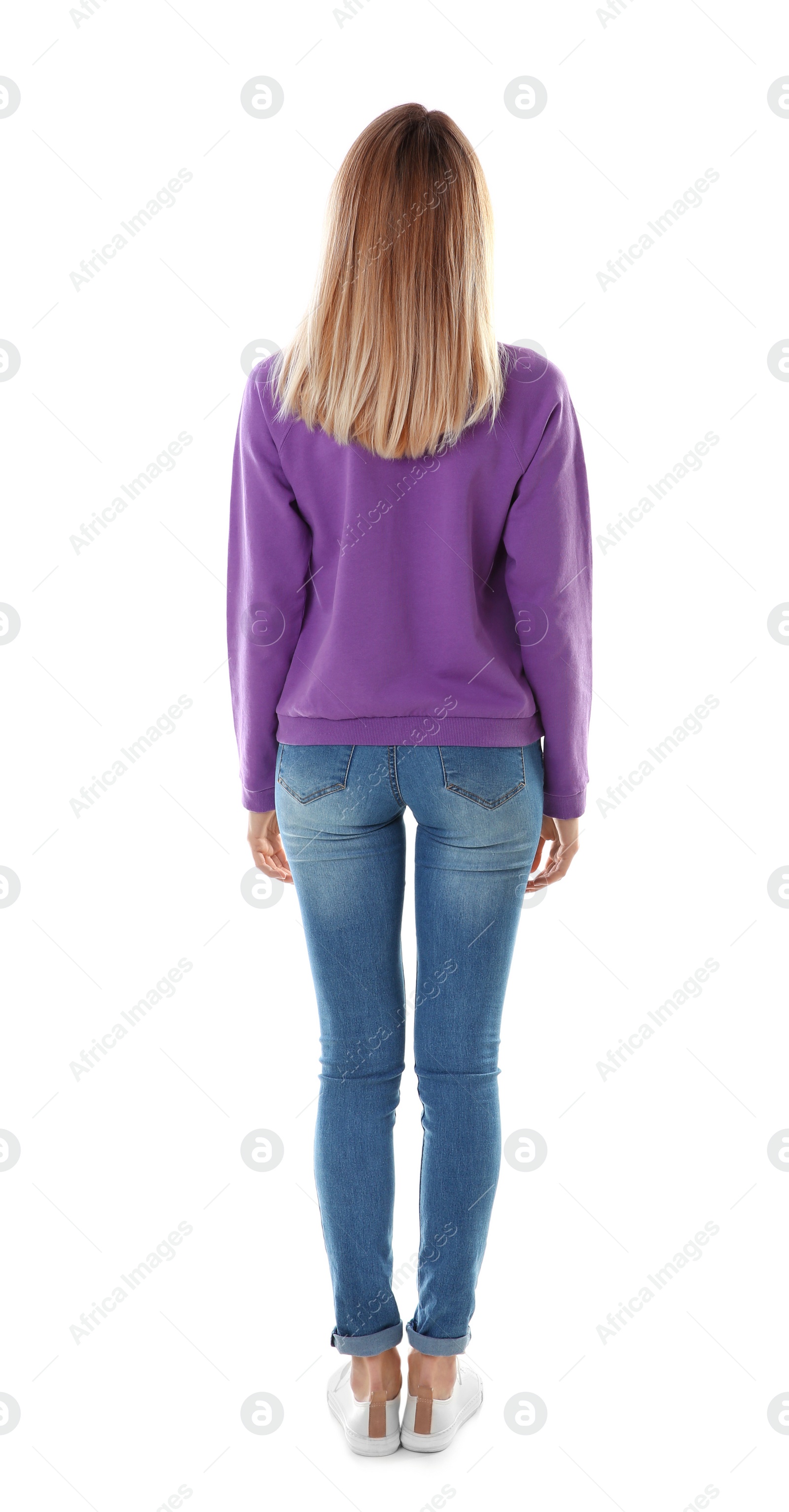 Photo of Blonde woman with long hair posing on white background