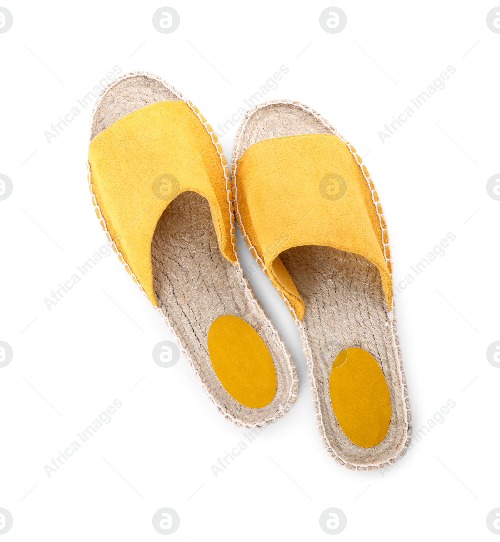 Photo of Slide sandals isolated on white, top view. Beach accessory