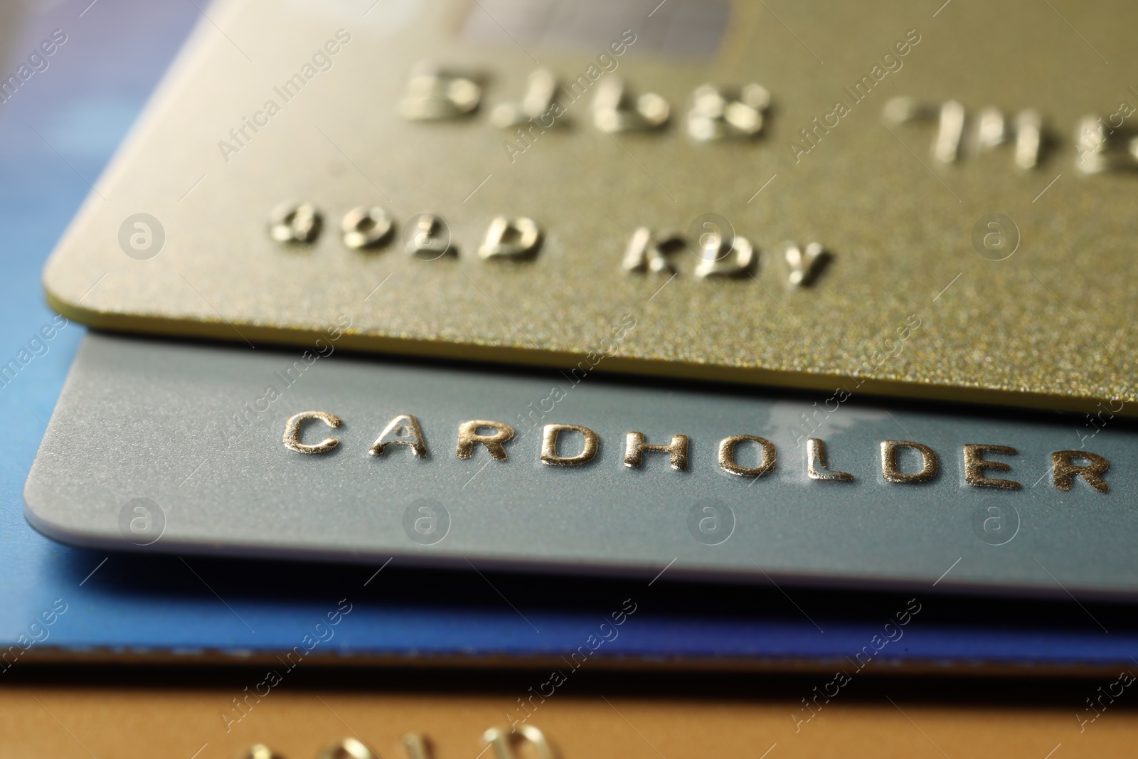 Photo of Many credit cards as background, macro view