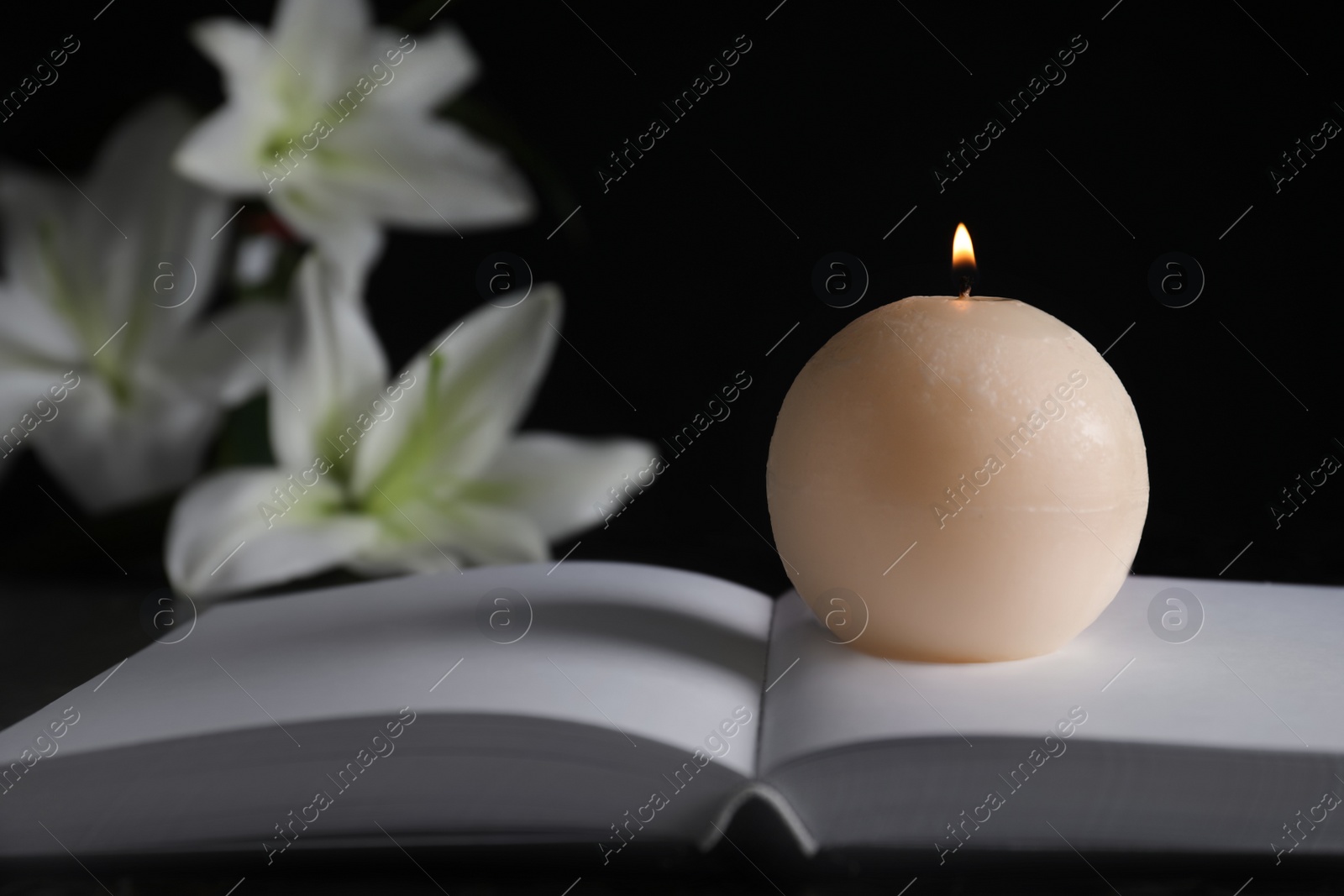 Photo of Burning candle, book and white lilies on table in darkness, closeup with space for text. Funeral symbol