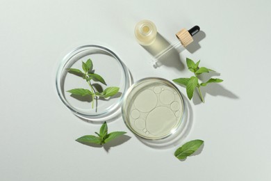 Photo of Flat lay composition with Petri dishes and plants on light grey background