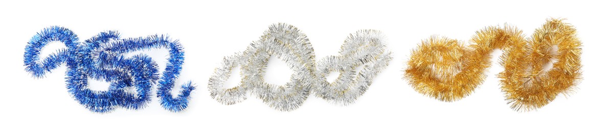 Image of Set with different shiny tinsels on white background, banner design. Christmas decoration