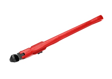 Photo of New pipe wrench on white background. Professional construction tool